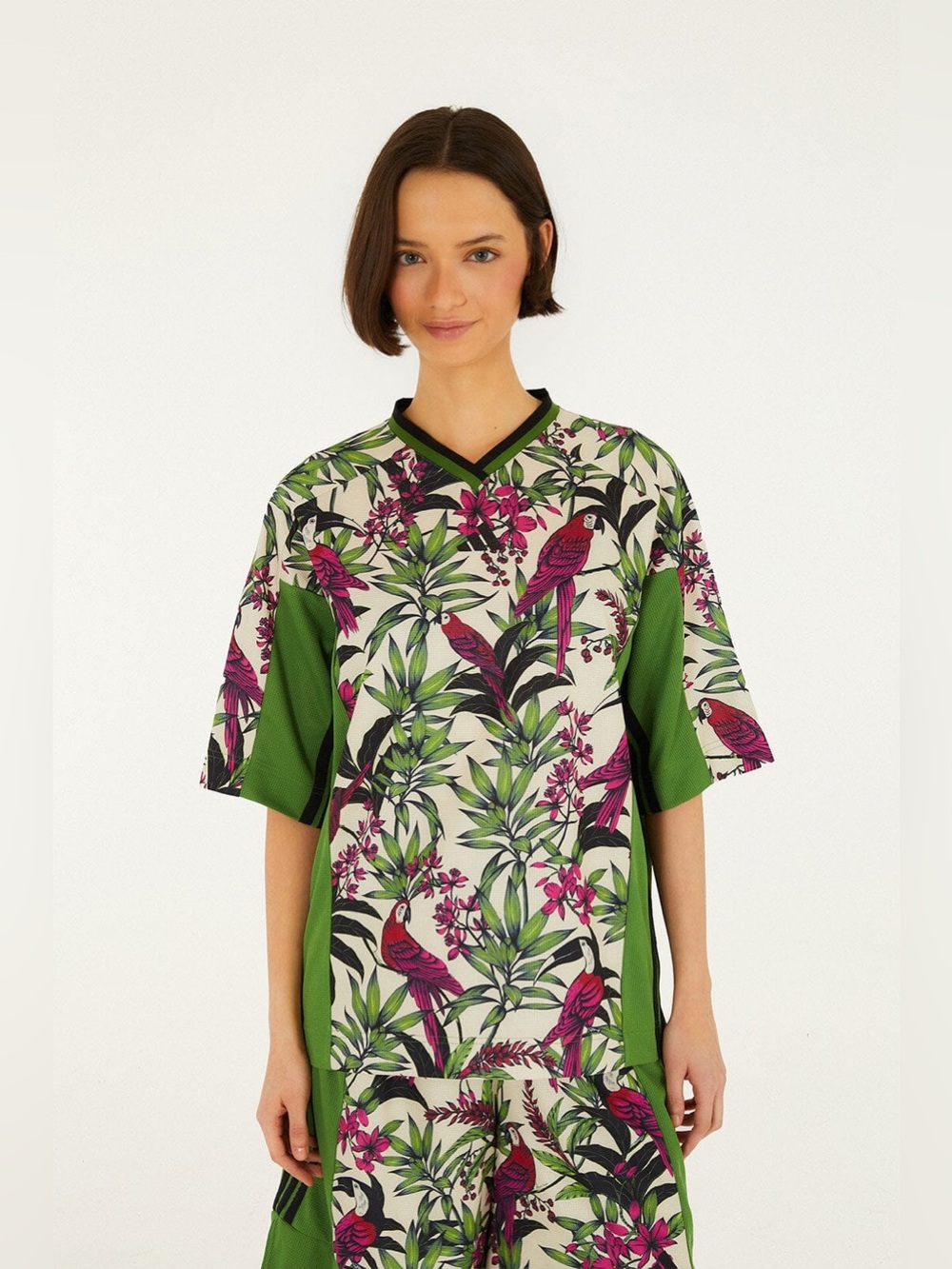 adidas V-Neck Tropical Parrot Print Tunic in Green and Magenta